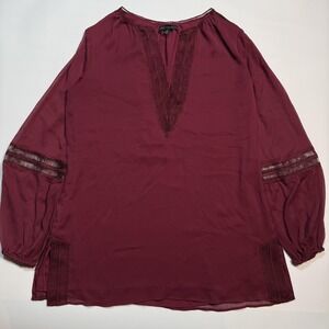 White House Black Market Blouse Womens Medium Magenta Crochet Trim Tunic Top